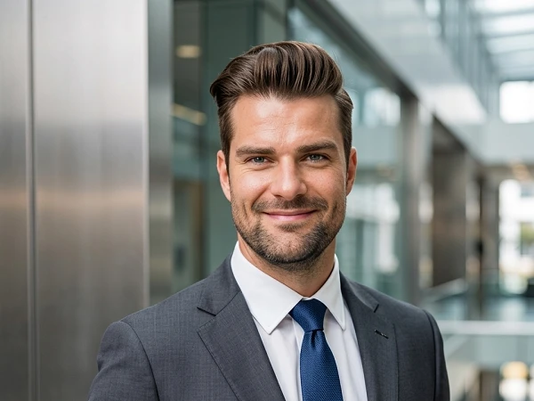 Ein junger Mann mit einem gepflegten Haarschnitt trägt einen dunklen Anzug und eine blaue Krawatte. Er lächelt freundlich und steht vor einer modernen, lichtdurchfluteten Büroarchitektur.