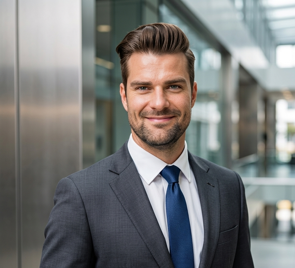 Ein junger Mann mit einem gepflegten Haarschnitt trägt einen dunklen Anzug und eine blaue Krawatte. Er lächelt freundlich und steht vor einer modernen, lichtdurchfluteten Büroarchitektur.